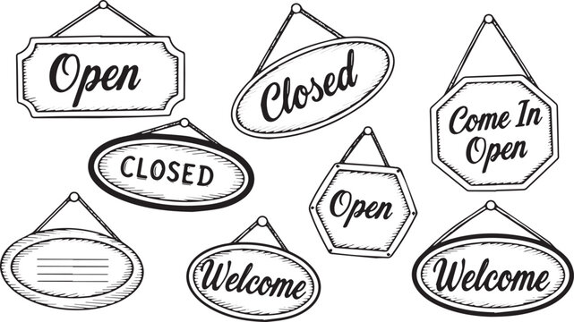 Collection of HandDrawn Open and Closed Signs for Business.