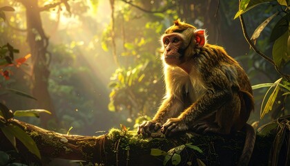 Majestic Monkey Sitting on a Mossy Branch in a Sun-Drenched Tropical Rainforest