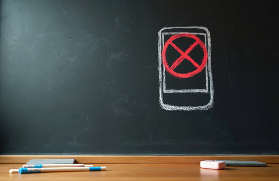 Chalk drawing on blackboard shows phone with red cross. Symbolizes ban on mobile devices in schools. Promotes focused learning environment free from digital distractions.