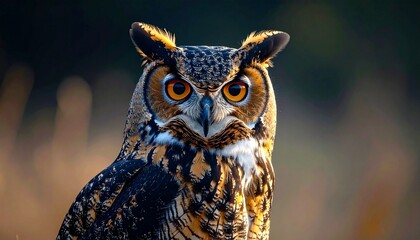 Stunning Portrait of a Great Horned Owl with Piercing Orange Eyes