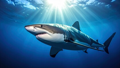 Majestic Great White Shark Swimming Under Piercing Ocean Sunlight