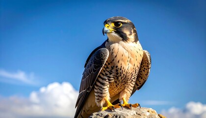 Majestic Peregrine Falcon Perched on a Rock Under a Clear Blue Sky