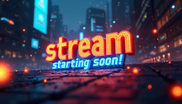 Neon sign lights up city street with stream starting soon message. Futuristic cityscape background with glowing lights and bokeh effects. Digital intro for gamers and content creators.