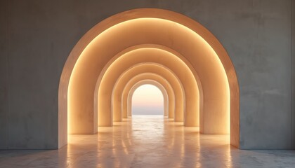 Modern interior with repeating warm illuminated archways creating sense of depth, passage. Minimalist concrete walls, smooth polished floor reflect soft yellow light leading towards open bright