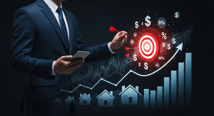 A professional businessman aims a dart at a financial target representing real estate growth.
