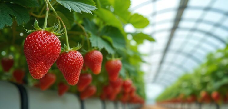 Red ripe strawberries grow on green plants in a vinyl greenhouse. The transparent curved roof lets in sunlight, promoting vibrant fruit cultivation. Healthy berries are ready for harvest. - Powered by Adobe