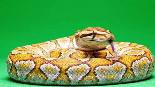 Beautiful Ball Python Snake Coiled on Green Background.