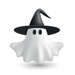 Vector 3d Ghost with Witch Hat. Cute Simple White Ghost Vector Illustration. Halloween Ghost Character with Black Wizard Hat and Floating Sheet, Isolated. Design Template for Halloween