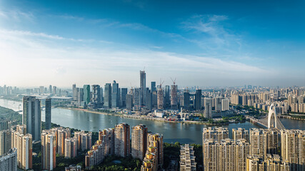 Aerial view of modern city building and river in Guangzhou, China.