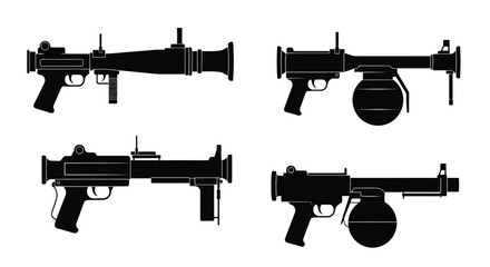 Silhouette depictions of four different grenade launchers in a black and white style