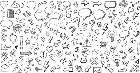 Obraz premium Hand drawn doodle elements collection with arrows speech bubbles and question marks.