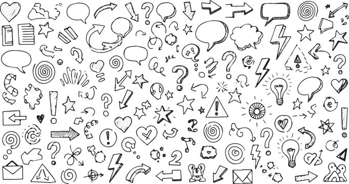 Hand drawn doodle elements collection with arrows speech bubbles and question marks.