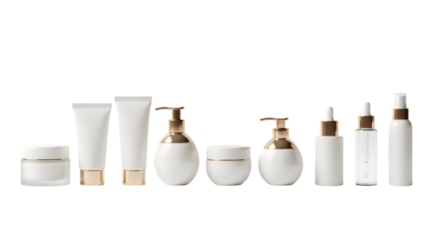 Collection of White Cosmetic Containers with Gold Accents Isolated on transparent background