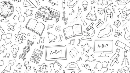 Hand drawn doodle style seamless pattern with various school and science related objects.