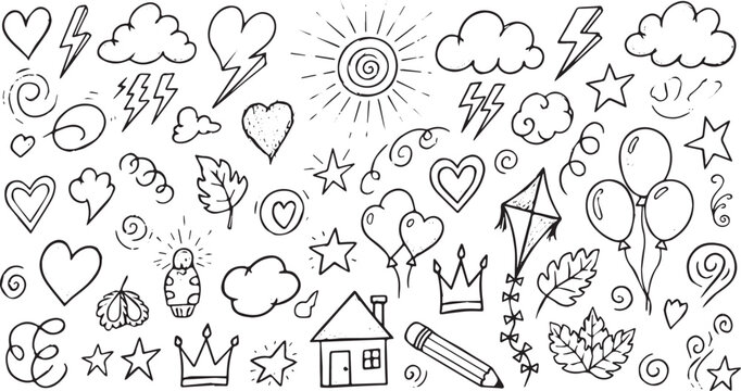 Hand drawn doodle set with various elements like hearts clouds stars and balloons.