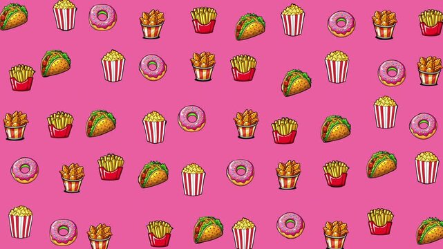 Repeating pattern of tacos, donuts, fries, and popcorn on pink. Suitable for foodthemed designs, restaurant menus, packaging, and party decorations.
