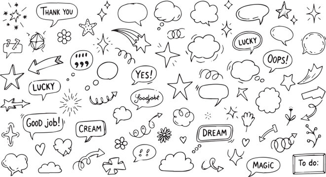 Hand drawn doodle speech bubbles and stars collection.