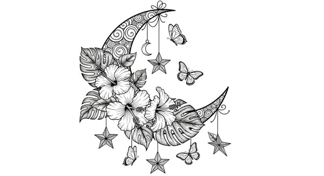 Detailed black and white line art of a crescent moon is decorated with hibiscus flowers, stars, and butterflies.