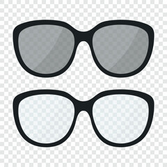 Black Glasses and Sunglasses, Vector Illustration. Stylish Eyewear, Transparent Lens and Dark Shades. Modern Fashion Accessory for Optics, Vision Correction, Summer Design Concept