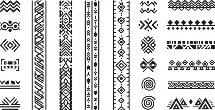 Set of various tribal ethnic seamless borders and patterns.