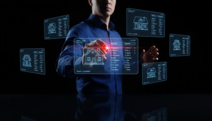 A digital interaction highlights property details on a holographic real estate screen.