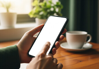 Close-up of hands holding and interacting with a smartphone featuring a blank white screen, perfect for illustrating digital tasks, app usage, or online connectivity in a cozy home setting