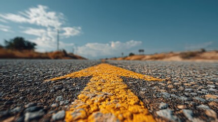 a road with a yellow directional arrow placed along its center line