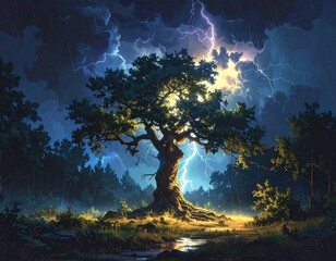 A majestic tree stands tall amidst a stormy landscape, illuminated by a brilliant lightning strike. Rain falls on the surrounding forest