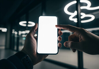 Close-up of a person holding a smartphone with a blank white screen in a modern, dimly lit environment