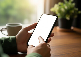 Person holding a smartphone with a blank white screen, suitable for mockups, showcasing a digital interface or app