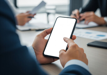 Close-up of a person's hand holding a smartphone with a blank screen during a business meeting with blurred colleagues in the background