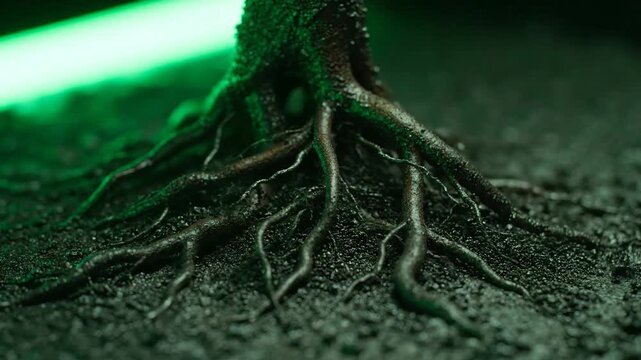 Tree roots on soil under green light, symbolic concept of nature, environment.