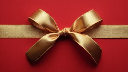 Elegant Gold Ribbon Bow on Red Background for Gift Packaging and Celebration