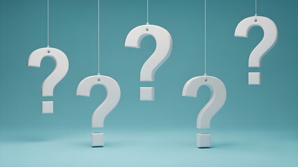 Hanging white question marks on strings against blue background