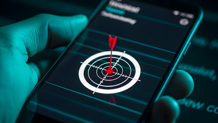 A hand holding a smartphone displaying a gps tracking interface with a red target icon