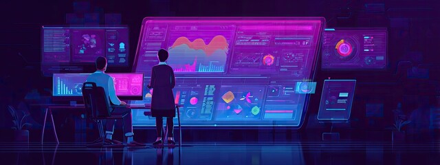 a futuristic office environment with advanced digital technology. there are holographic screens displaying complex data and graphs in the foreground