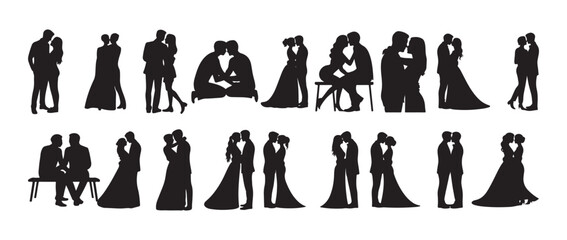  Romantic couple set. kissing and hugging in various poses, romantic poses, love embrace, kissing moment. vector illustration eps 10