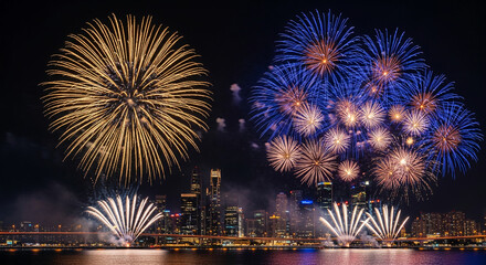 Obraz premium Night view of multiple fireworks over a cityscape and water, suggesting celebration, festival, or holiday event with a background of illuminated buildings