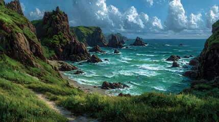 Coastal cliffs with crashing waves and stormy clouds, a dramatic seascape with rugged shoreline, green grassy slopes, and rocky outcrops under a turbulent blue sky