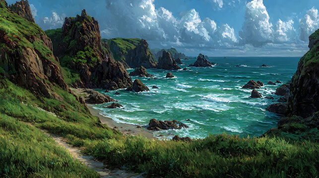 Coastal cliffs with crashing waves and stormy clouds, a dramatic seascape with rugged shoreline, green grassy slopes, and rocky outcrops under a turbulent blue sky - Powered by Adobe