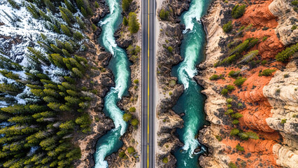 Aerial view of winding road alongside turquoise river through rugged landscape