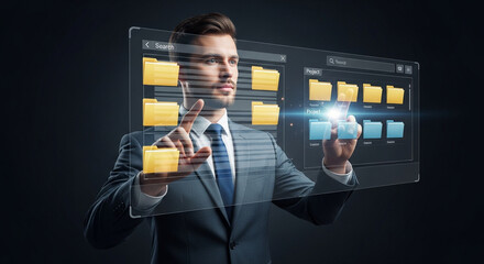 A businessman interacts with a futuristic holographic file management system displaying folders and files.