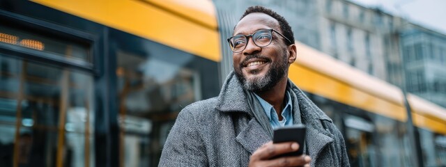 an individual standing on what appears to be a subway platform, waiting for a train. they are dressed in casual attire with a patterned jacket, holding a phone and looking to the side with a smile