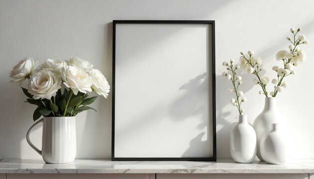 Empty black picture frame sits on marble shelf with white flowers in vases. Clean interior scene with neutral tones and soft light. Minimalist decor for home or office display. - Powered by Adobe
