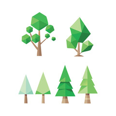 Low Poly Green Tree and Pine Vector Illustration Set