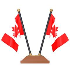 Two small Canada flags on a desk stand 3D Icon Illustration. Low Poly Style.