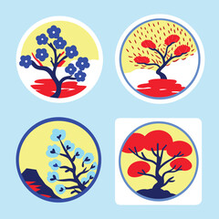 Hand Drawn Japanese Style Seasonal Tree Vector Icon Set with Sakura and Maple