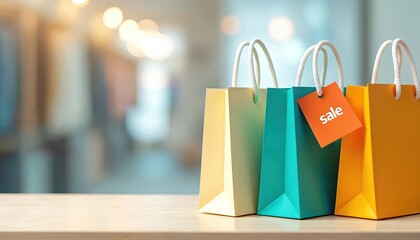 Three colorful shopping bags sit on a table. One bag has an orange tag that says sale. The background is blurred, suggesting a store or market environment, perfect for promotional content.