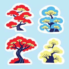 Hand Drawn Japanese Bonsai Tree Sticker Vector Illustration Set