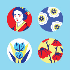 Hand Drawn Japanese Geisha Portrait and Floral Icon Vector Set